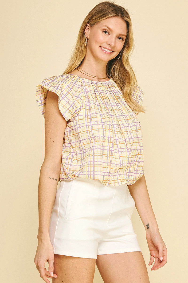 Yellow Orange Purple Checked  Flutter Sleeve Top 100% Cotton 4745TB