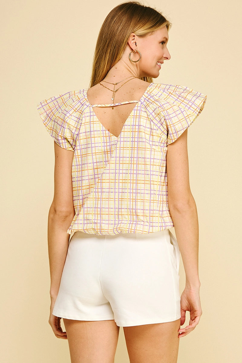 Yellow Orange Purple Checked  Flutter Sleeve Top 100% Cotton 4745TB