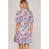 NEW WOVEN FLORAL PRINT MINI DRESS: BLUE / GREEN / L