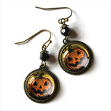 Retro Halloween Jack O Lantern with Bat Earrings