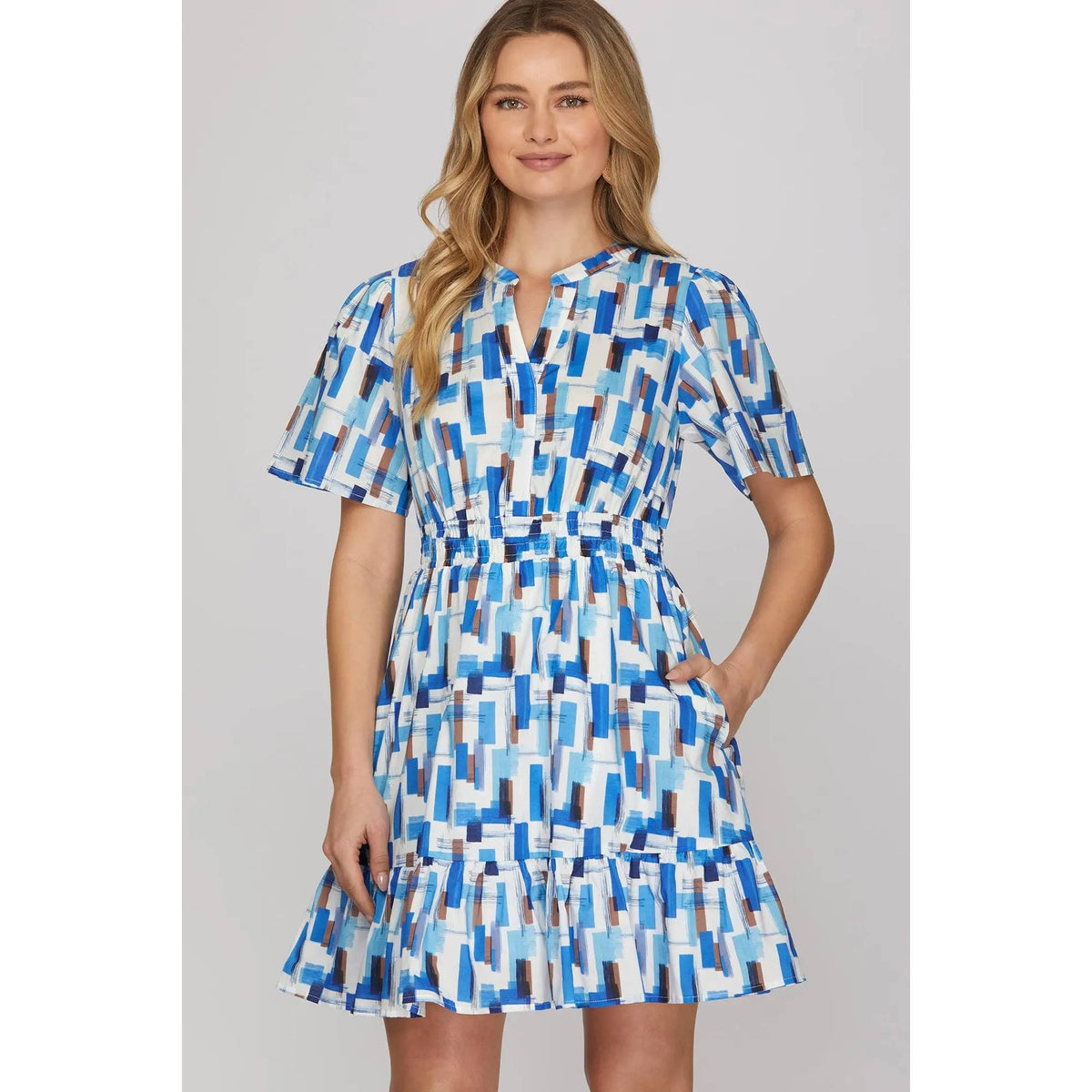 Retro Geometric Print Alice Dress in Blue, Pink or Orange