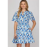 WOVEN PRINT MINI DRESS: ORANGE / S