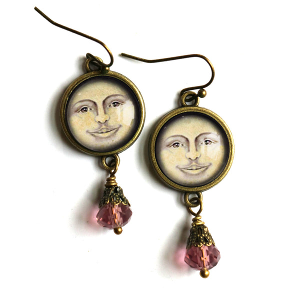 Victorian Man in the Moon Glass Cabochon and Bronze Earrings