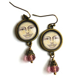 Victorian Man in the Moon Glass Cabochon and Bronze Earrings