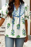 LDC Floral Print Contrast Trim Tie Neck Blouse: White / M