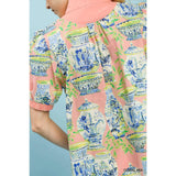 NEW Abstract Print V-Neck Top : CORAL MIX / S