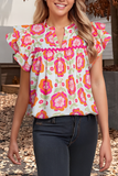 Floral Ruffle Sleeve Ric-Rac Trim Split Neck Blouse (S-XL): Multi-Colored / Missy / S