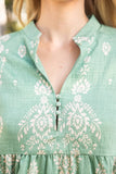 35222 Peplum Boarder Print Cover Button Top: Green / L