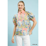 NEW Abstract Print V-Neck Top : BLUE MIX / M