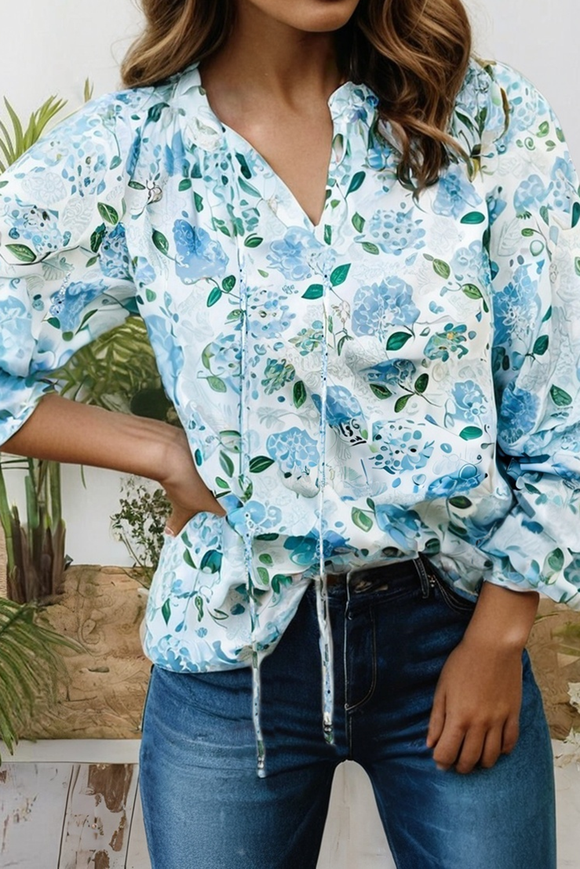 Floral Print Long Sleeve V Neck Blouse (S-XL): Blue / Missy / S
