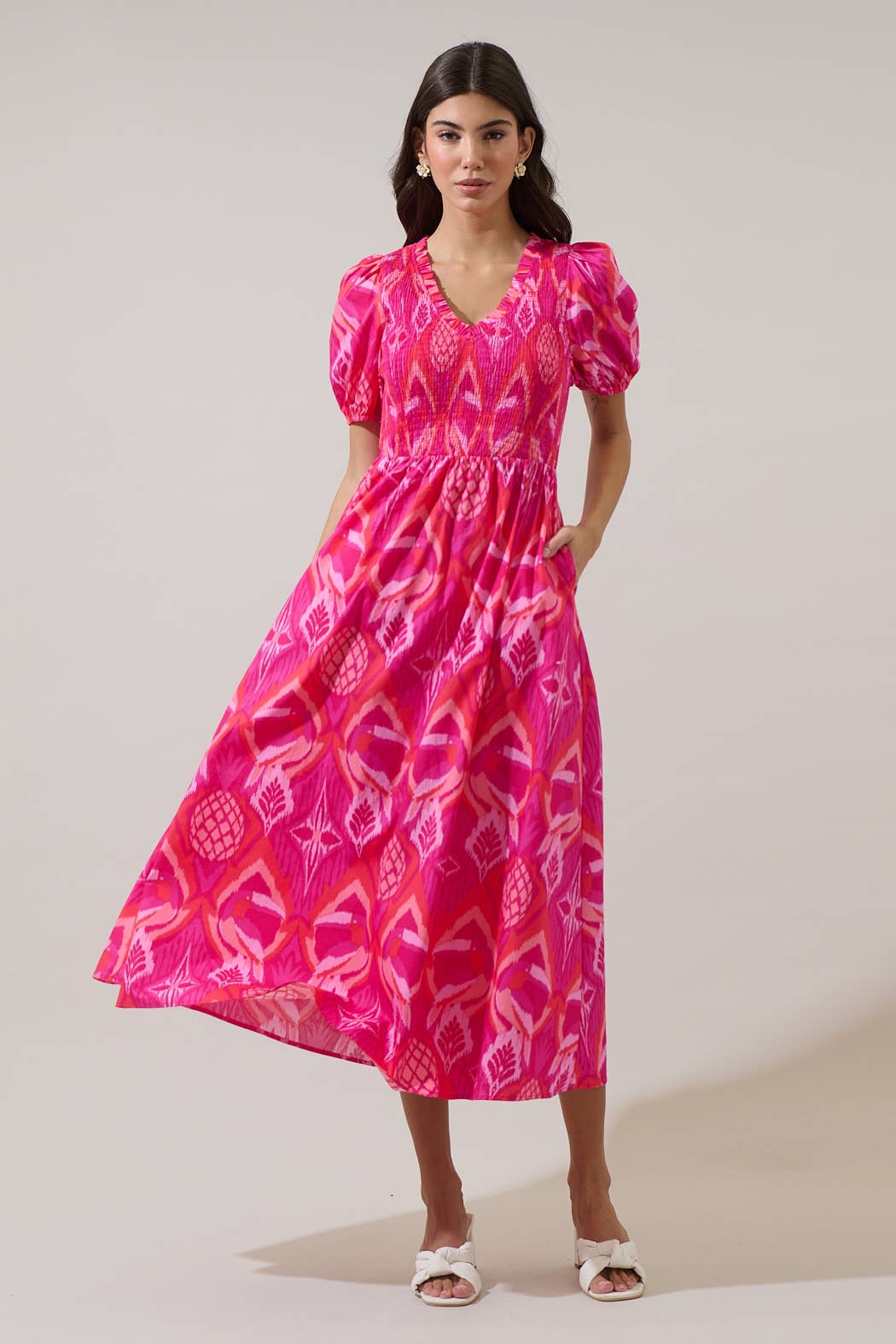 Prissa Ikat Brenty Smocked Midi Dress in Magenta/Coral