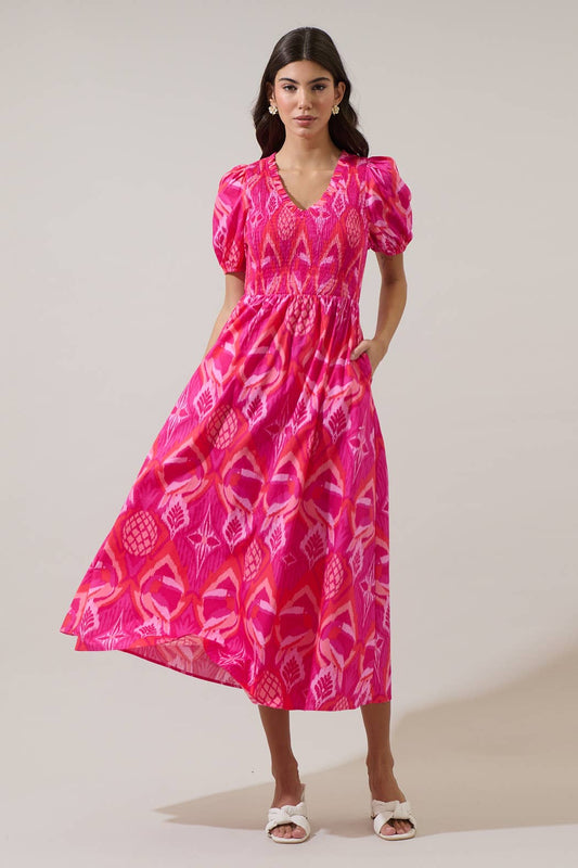 Prissa Ikat Brenty Smocked Midi Dress in Magenta/Coral