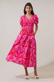Prissa Ikat Brenty Smocked Midi Dress: MAGENTA-CORAL / L