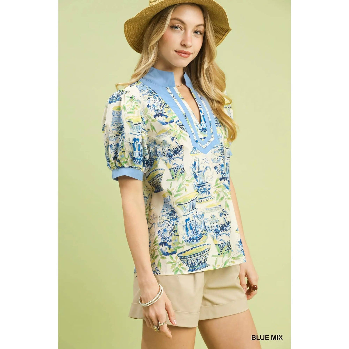Blue Yellow Savannah Shirt with Chinoiserie Vases 100% Cotton