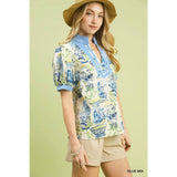 NEW Abstract Print V-Neck Top : BLUE MIX / M