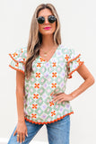 Geometric Floral Print Layered Ric Rac Trim Blouse | S-XL: As shown / Missy / S