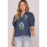 EMBROIDERY WOVEN TOP: NAVY / M