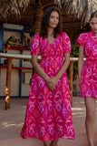 Prissa Ikat Brenty Smocked Midi Dress: MAGENTA-CORAL / L