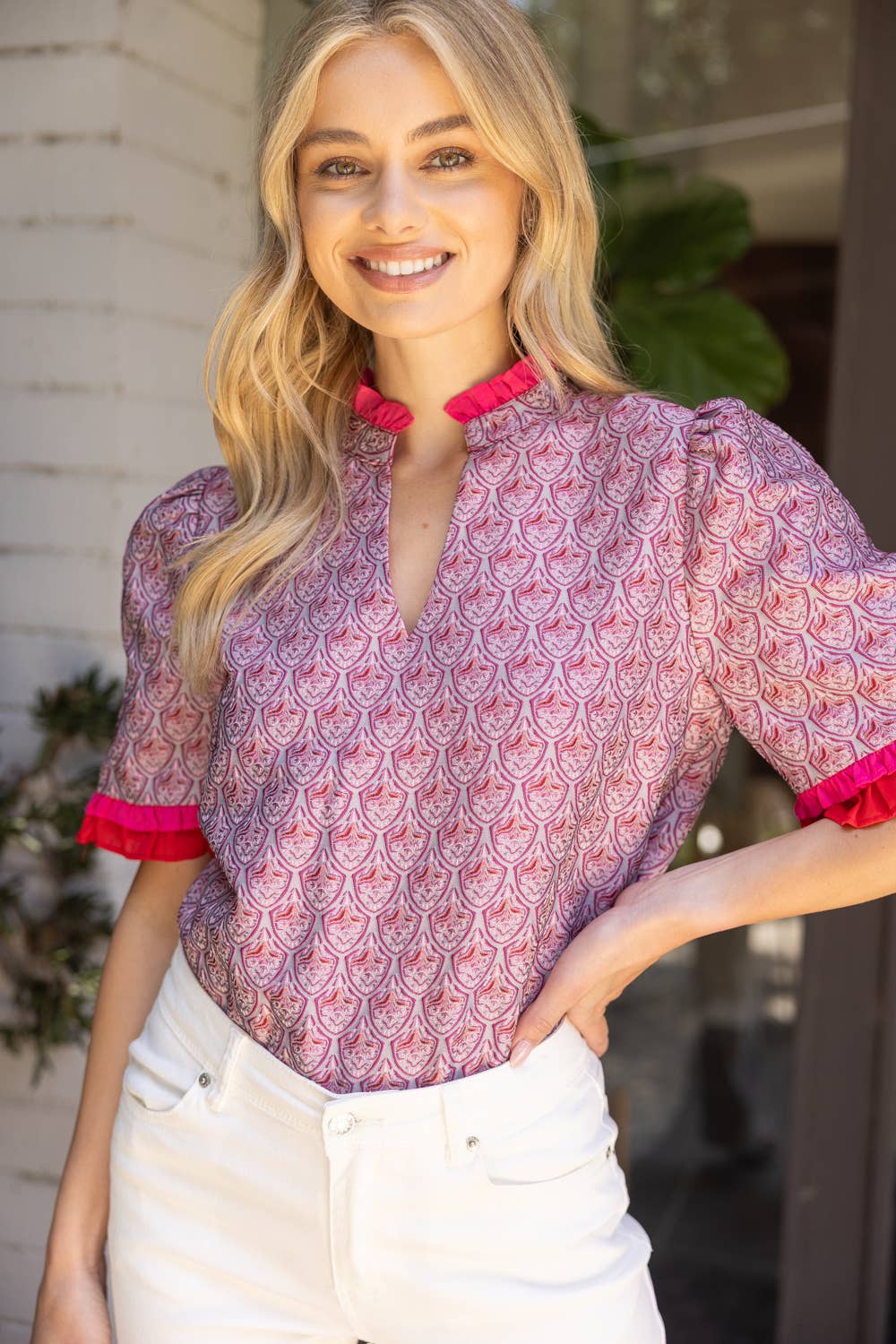 35883 Jacqaurd Petal Print Contrast Ruffle Top: Mauve / L