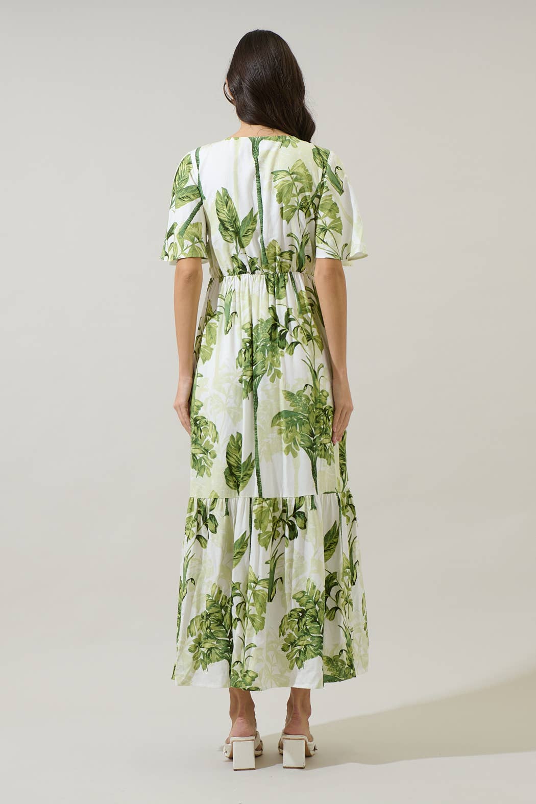 Palmet Tropical Evianna Flutter Maxi Dress: CREAM-GREEN