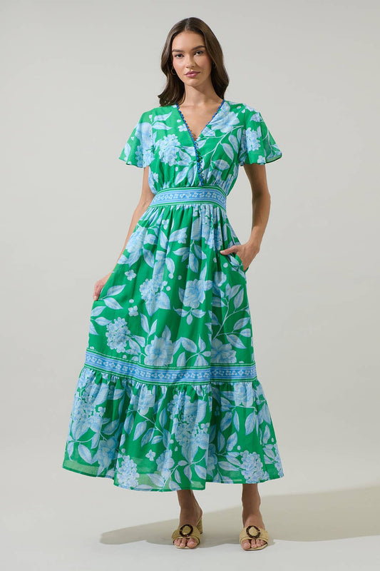 Verbena Floral Ingrida Surplice Maxi Dress: Kelly Green and Blue