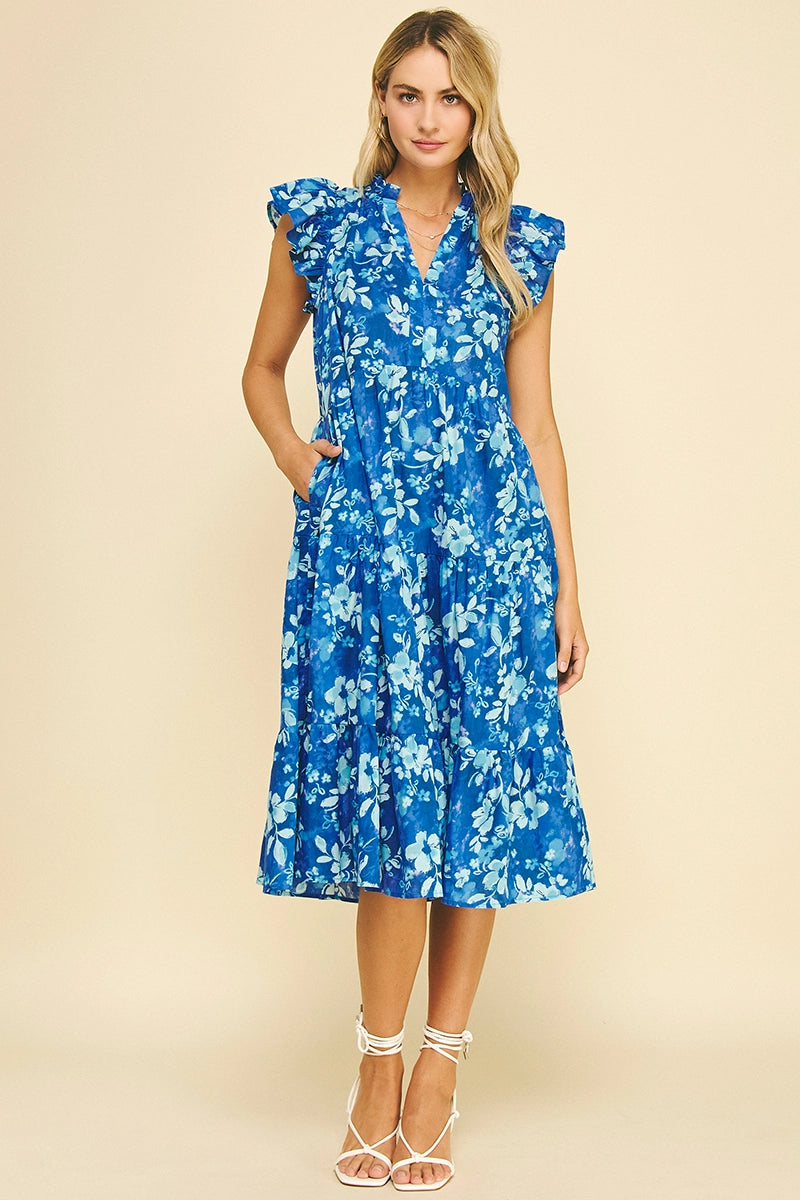 Tropical Blue Floral Tiered Dress 100% Cotton 5889D