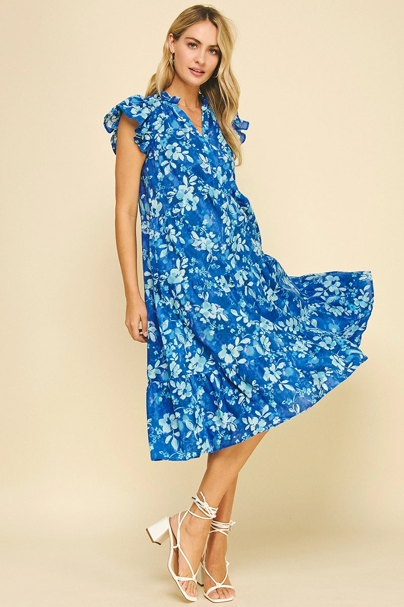 Tropical Blue Floral Tiered Dress 100% Cotton 5889D