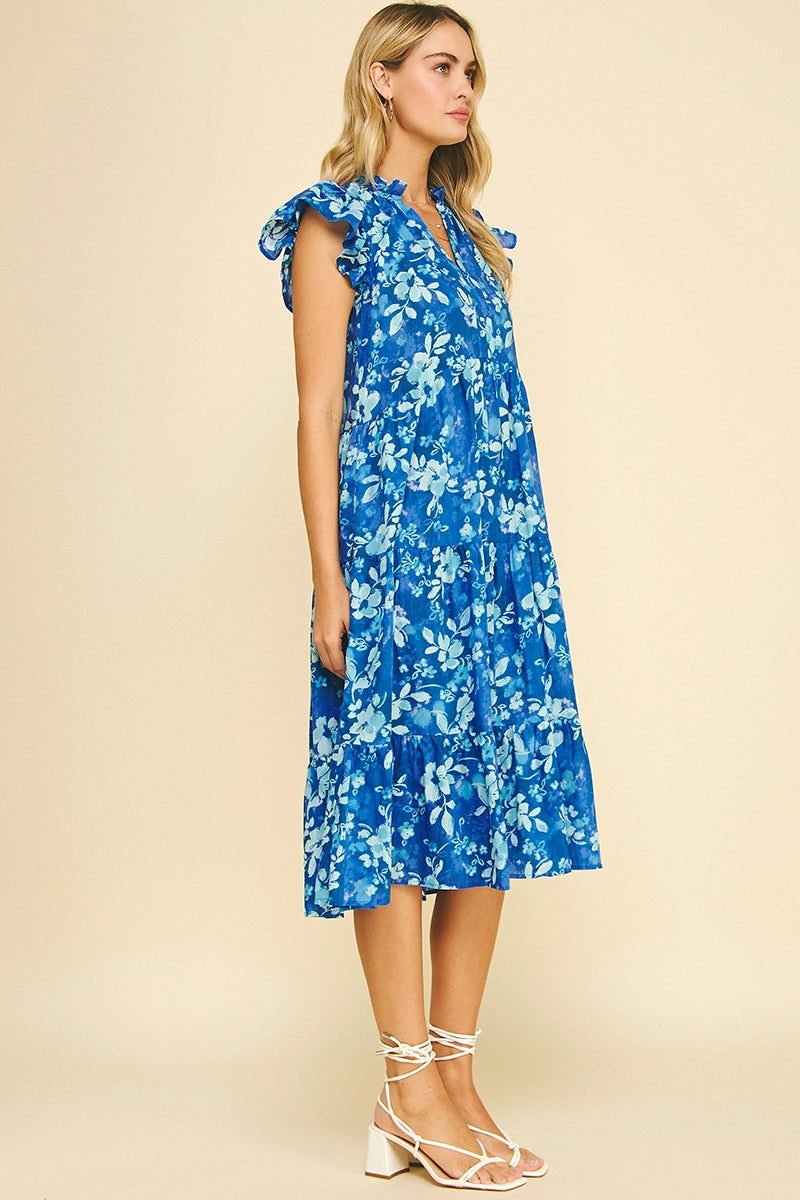 Tropical Blue Floral Tiered Dress 100% Cotton 5889D