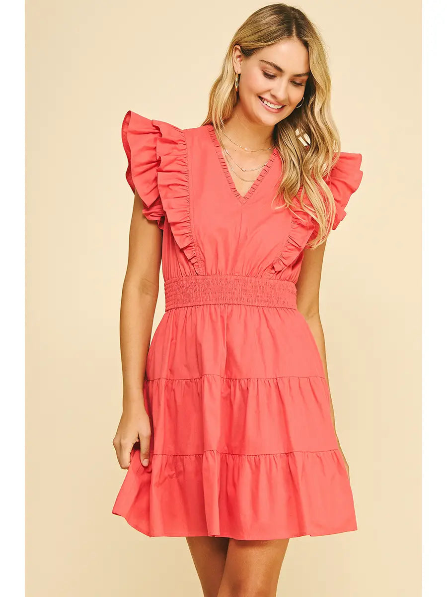 Ruffled Sleeve Coral Mini Dress 100% Cotton 5904D