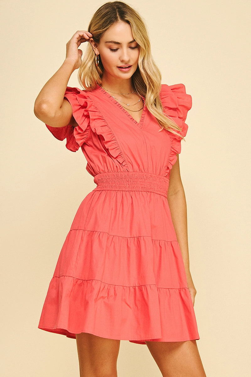 Ruffled Sleeve Coral Mini Dress 100% Cotton 5904D
