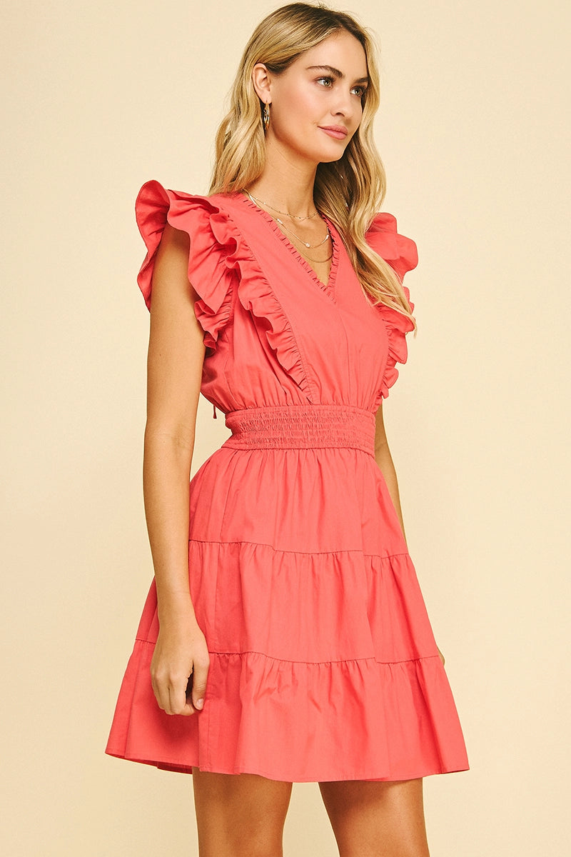 Ruffled Sleeve Coral Mini Dress 100% Cotton 5904D