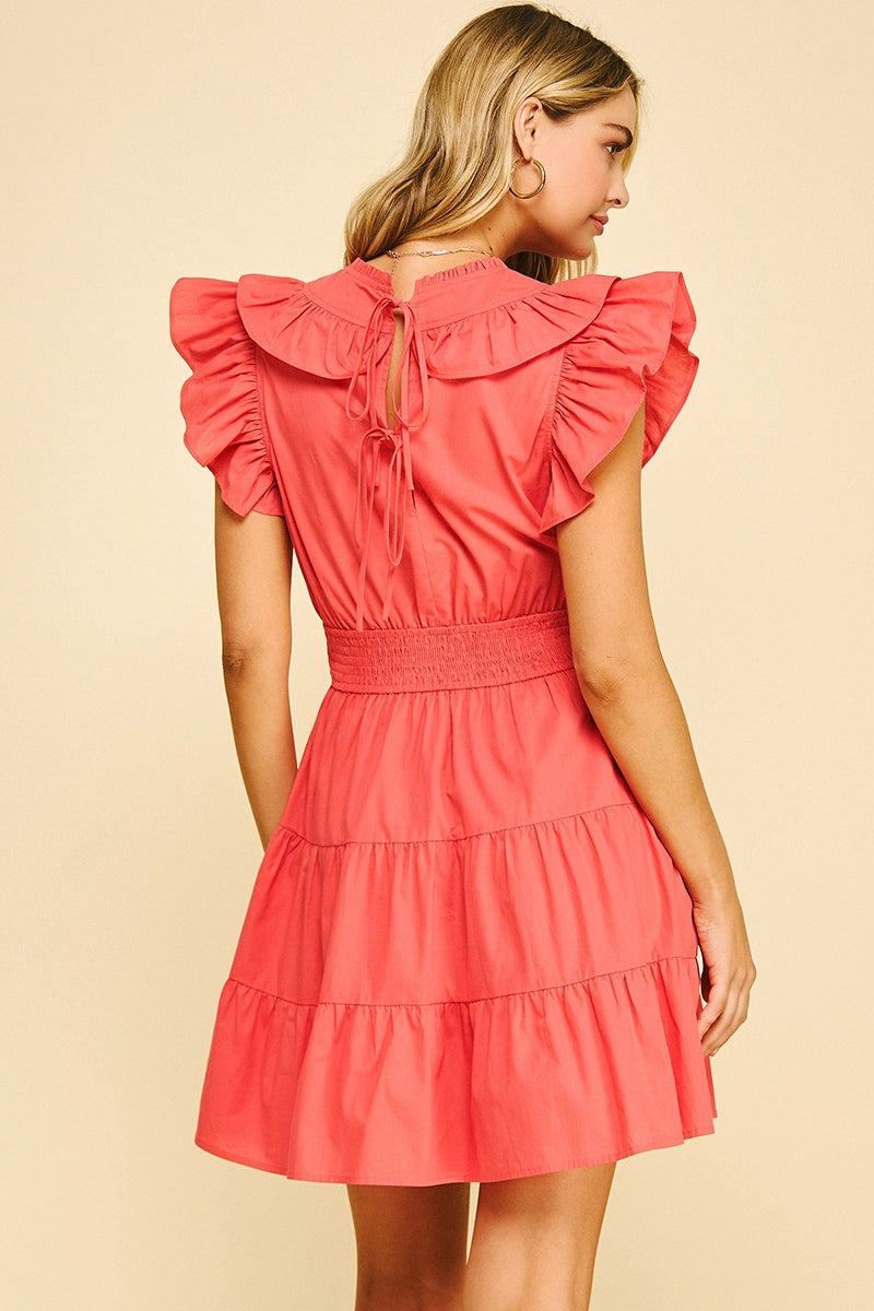 Ruffled Sleeve Coral Mini Dress 100% Cotton 5904D