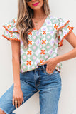Geometric Floral Print Layered Ric Rac Trim Blouse | S-XL: As shown / Missy / L