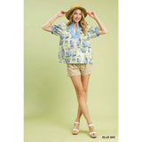 NEW Abstract Print V-Neck Top : CORAL MIX / L