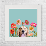 Dogs and Birds - Golden on Blue Happy Square™