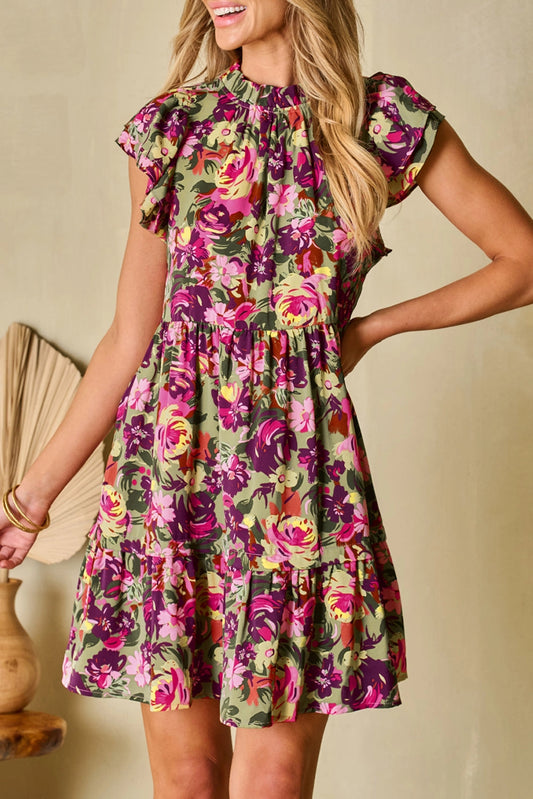Floral Ruched Flutter Sleeve Dress Green Purple 6118934