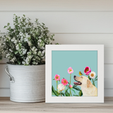 Dogs and Birds - Yellow Lab on Blue Happy Square™