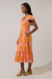 Jaidy Floral Patte Tiered Midi Dress: ORG-PINKS-MUL / L