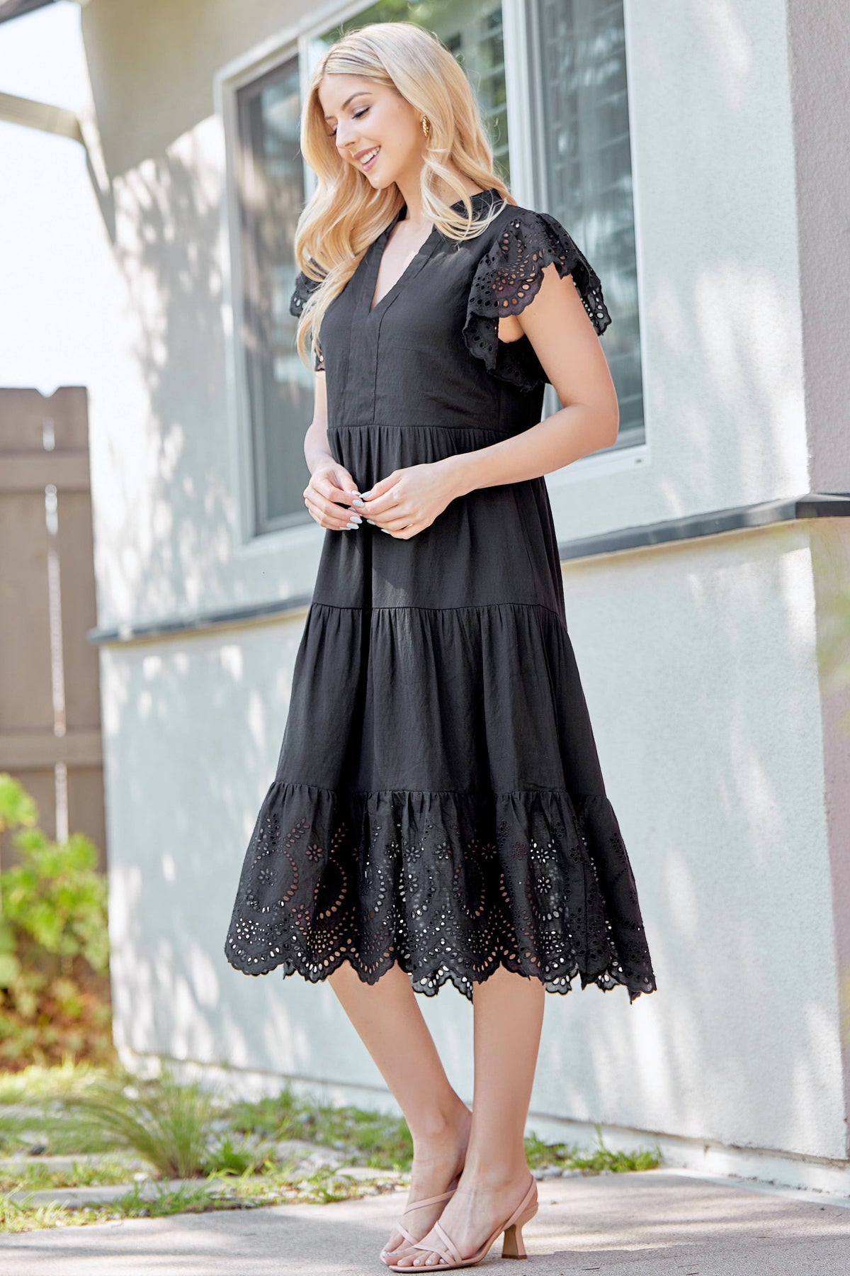 Solid Lace Tiered Dress: Black