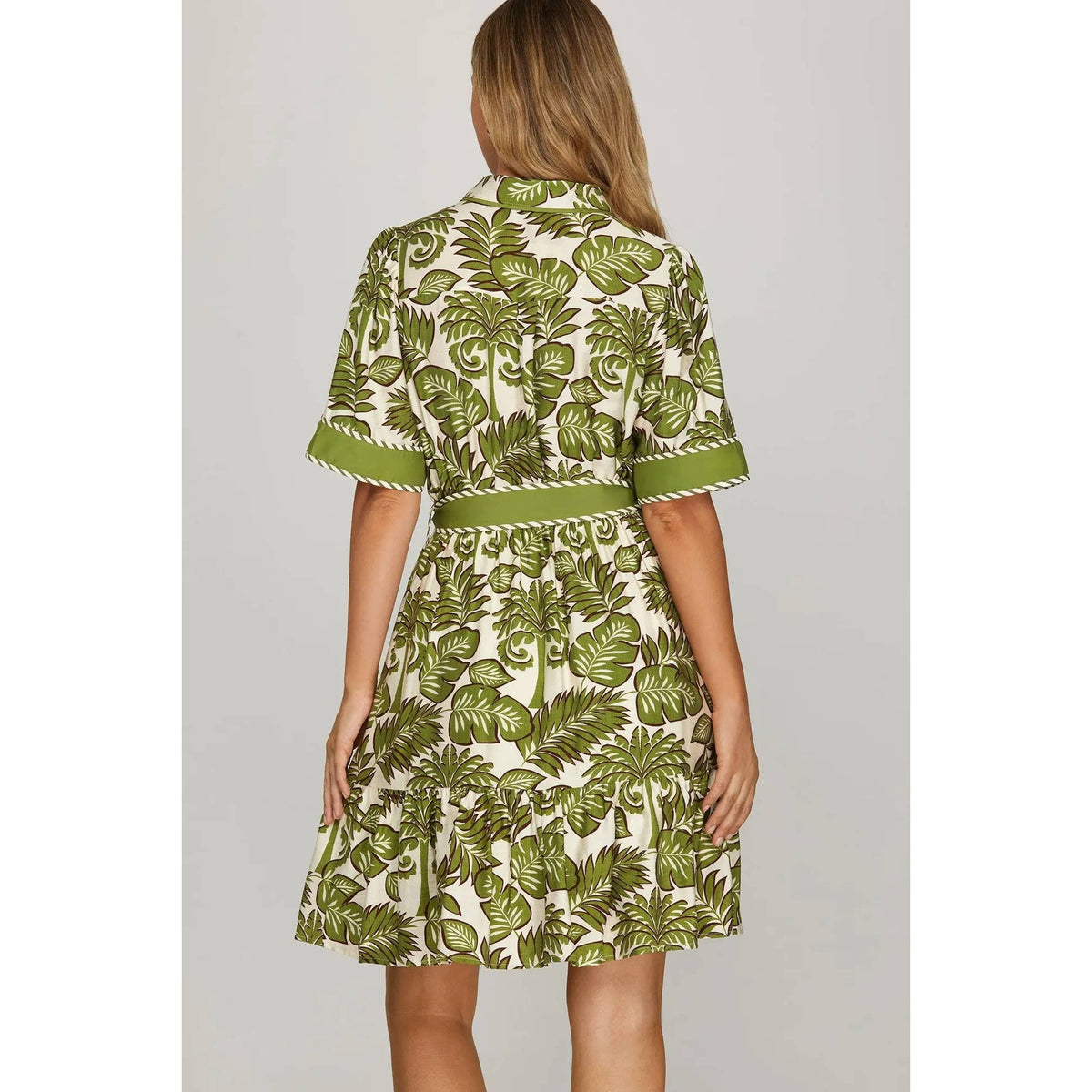 Button Down Flora Green Palm Dress with Waist Tie