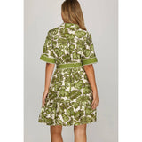 WOVEN PRINT MINI DRESS : GREEN / S