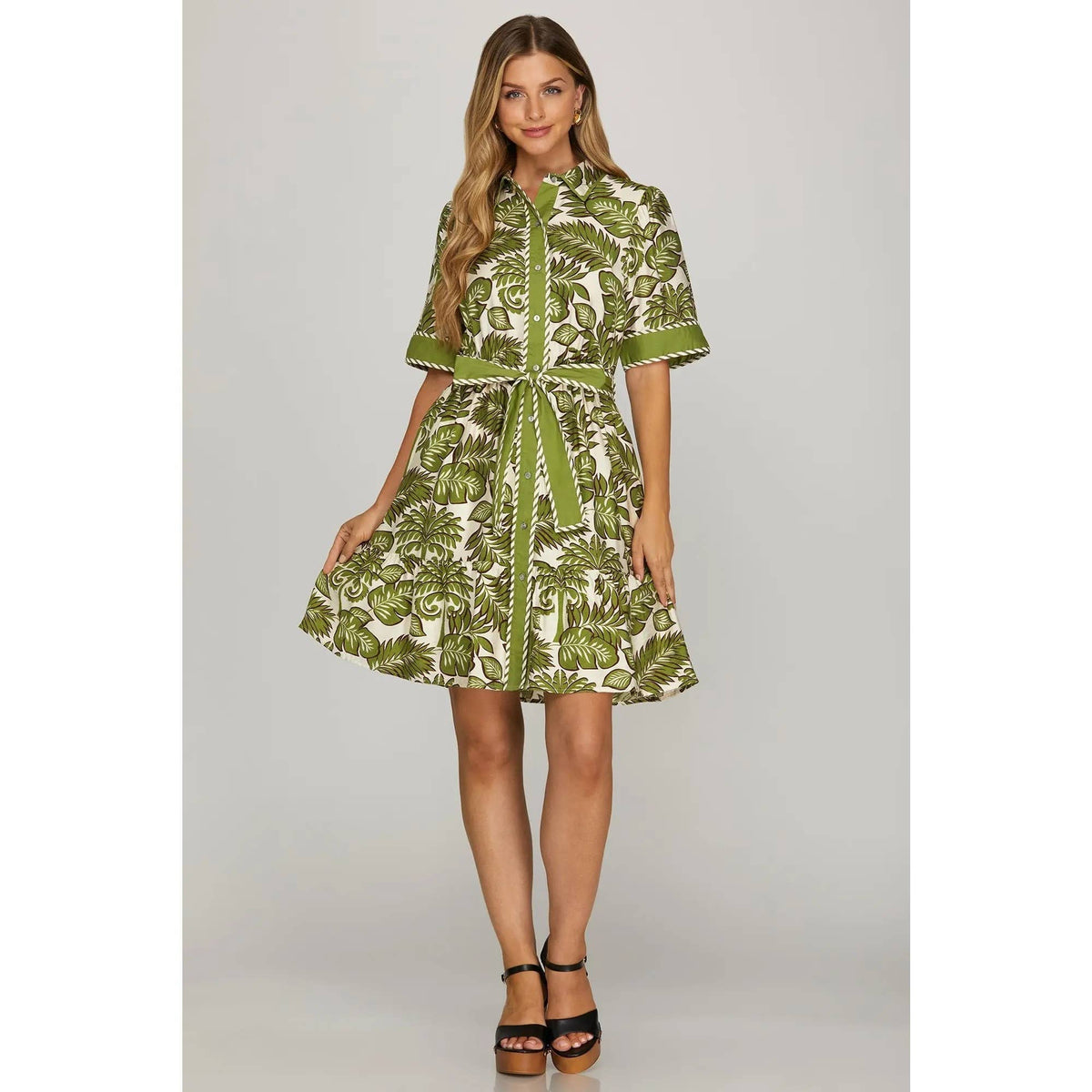 Button Down Flora Green Palm Dress with Waist Tie