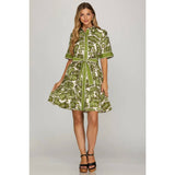 WOVEN PRINT MINI DRESS : GREEN / M