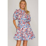 NEW WOVEN FLORAL PRINT MINI DRESS: BLUE / GREEN / S