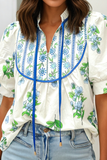 LDC Floral Print Contrast Trim Tie Neck Blouse: White / S