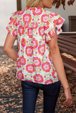 Floral Ruffle Sleeve Ric-Rac Trim Split Neck Blouse (S-XL): Multi-Colored / Missy / S