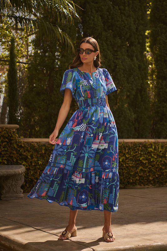 Punta Alta Ordy Smocked Midi Dress COBALT-COMBO