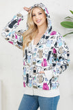 Colorful Cat Fleece Zipper Hoodie: L