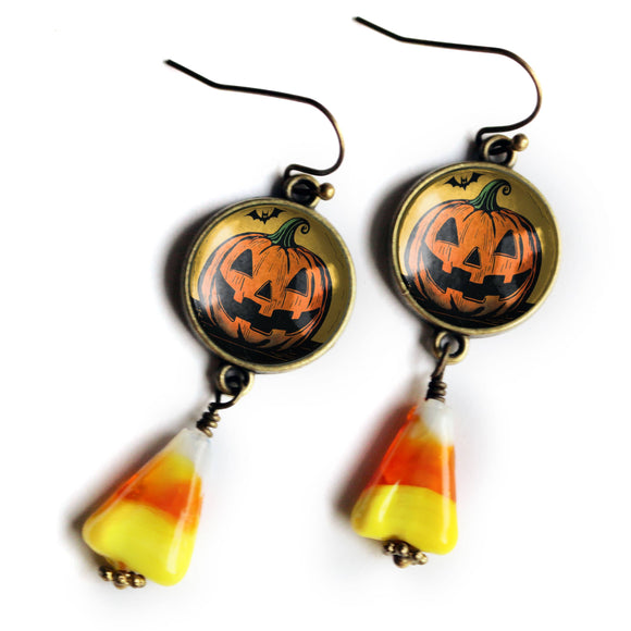 Retro Jack O Lantern with Bat Halloween Candy Corn Earrings