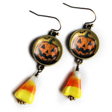 Retro Jack O Lantern with Bat Halloween Candy Corn Earrings